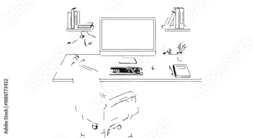 Clean workspace with computer and office supplies, ready for productivity.