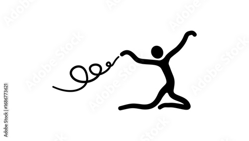 Ribbon rhythmic gymnastics symbol, black isolated silhouette