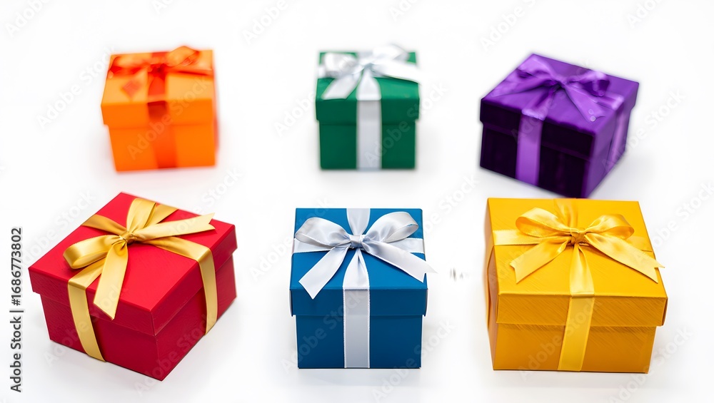 Obraz premium Six colorful gift boxes with ribbons on a white background