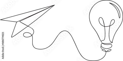 Paper plane flying up connected with light bulb vector one line drawing illustration