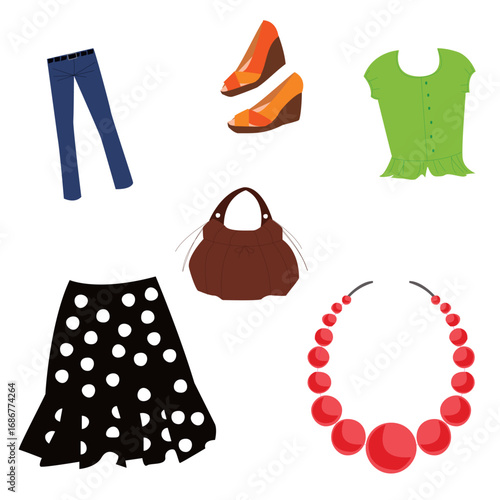 Ilustrasi vektor koleksi fashion wanita yang terdiri dari celana jeans biru, sepatu wedges oranye, blus hijau, rok hitam polkadot putih, tas tangan cokelat, dan kalung manik-manik merah