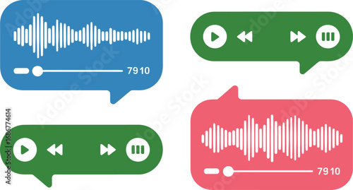 Set of Four Speech Bubbles with Audio Waveforms and Controls