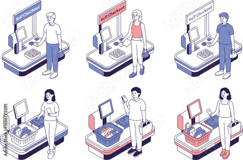 Isometric Self Checkout Stations with Shoppers 5aug62