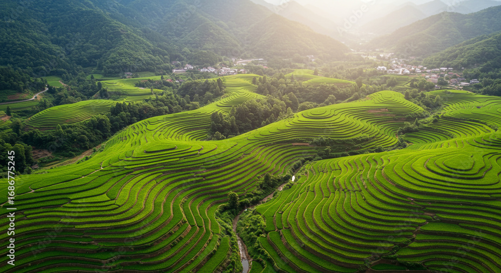 Fototapeta premium Vibrant emerald rice terraces cascade down lush green hills under warm golden sunlight