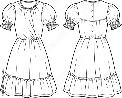 Girl puff sleeve dress cad drawing flat vector illustration, cute frill frock front and back technical fashion sketch template