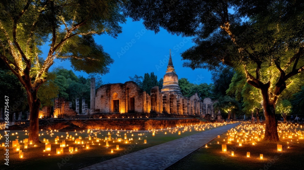 Obraz premium Ancient Temple Surrounded by Glowing Lanterns in Lush Greenery at Dusk on Visakha Bucha Day