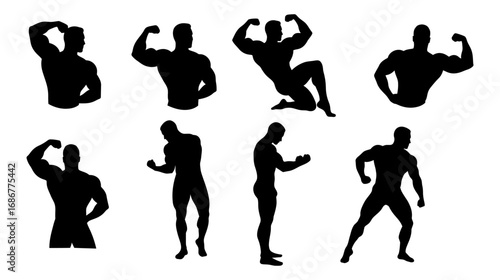Bodybuilder Silhouette Set.Muscular Men Flexing Poses Collection, Fitness Vector Icons.