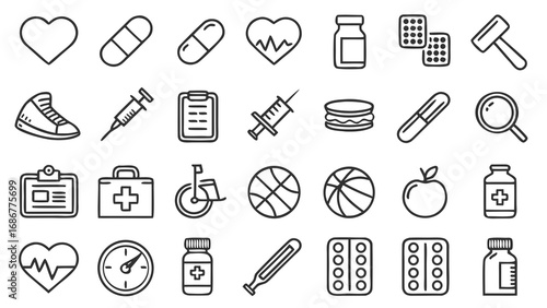Medical and healthcare outline icons set with heart, pills, syringe, stethoscope, clipboard, fitness, sports and wellness symbols.