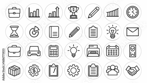 Business and office outline icon set with briefcase, graph, trophy, pencil, calendar, gear, light bulb, handshake, and mail symbols.