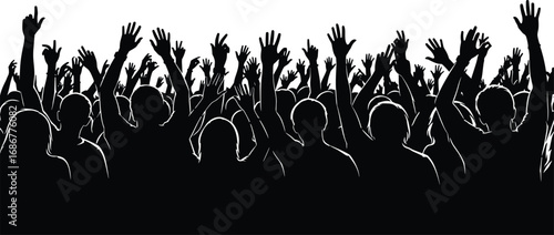 Excited crowd silhouette with raised hands at concert, music festival, party, or celebration event representing energy, unity, and entertainment.