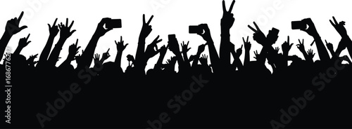 Excited crowd silhouette with raised hands, peace signs, and gestures at concert, party, festival, or celebration event with energy.