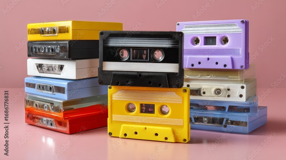 Obraz premium Vibrant Stack of Retro Cassette Tapes in Various Colors Against a Pastel Background