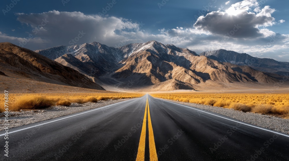 Fototapeta premium Golden Desert Road Stretching Between Rugged Mountains Under Dramatic Sky