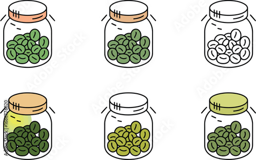 Six Jars of Green Coffee Beans with Different Lids Keywords: coffee beans, green beans, jar