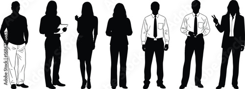 Silhouette group of business people in office attire, men and women standing, presenting, and working together for corporate teamwork concept.