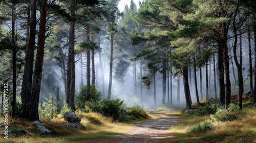 Misty Forest Trail Surrounded by Tall Pine Trees Creating a Serene Atmosphere