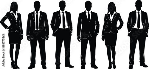 Silhouette illustration of professional business men and women in formal suits, corporate team vector concept for office, career, leadership, success.
