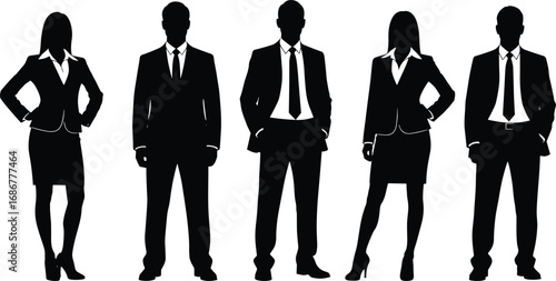 Silhouette illustration of professional business men and women in formal suits, corporate team vector concept for office, career, leadership, success.