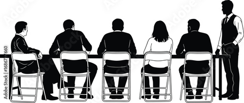 Silhouette vector illustration of business people sitting on chairs around conference table, office teamwork discussion, meeting, leadership, corporate collaboration concept.