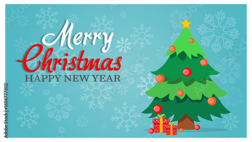 Merry Christmas and Happy New Year greeting card with decorated tree gifts and snowflakes