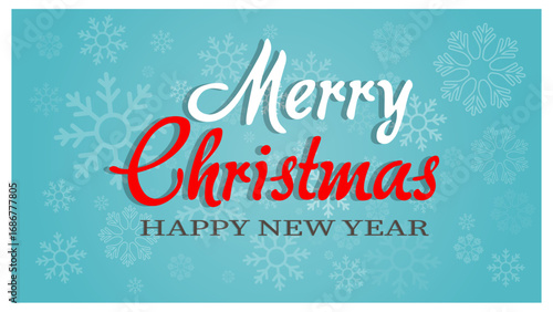 Merry Christmas and Happy New Year greeting card with snowflakes on blue background