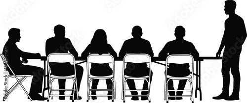 Silhouette vector illustration of business people sitting on chairs around conference table, office teamwork discussion, meeting, leadership, corporate collaboration concept.