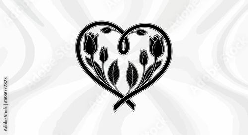 Symmetrical Tulip Flower Heart Design in Black and White.