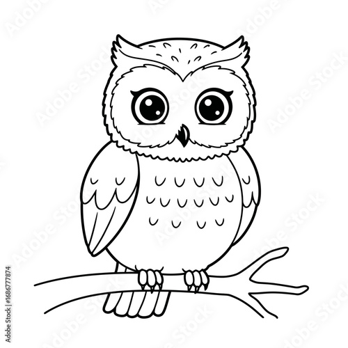 Cute cartoon owl with big eyes perched on a tree branch in a simple line art drawing