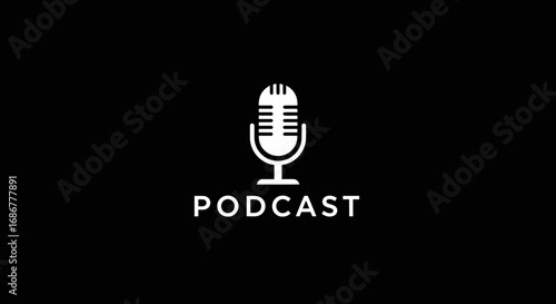 Minimalist white vintage microphone icon with the word podcast below on a black background