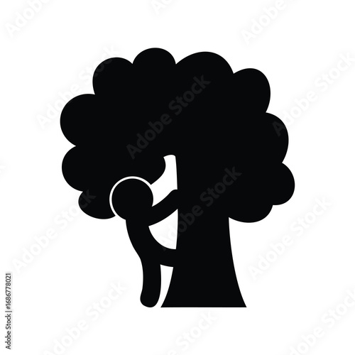 Silhouette of a person climbing a large tree with a thick trunk