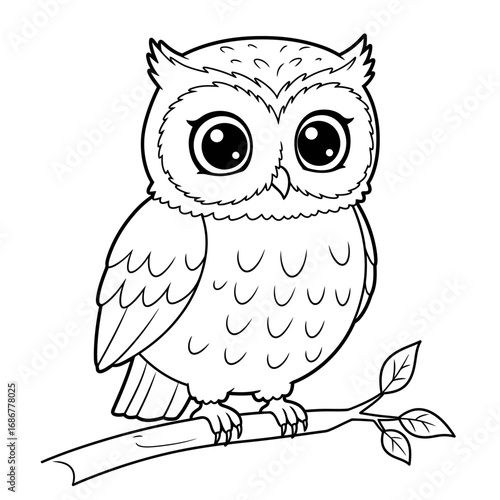 Adorable cartoon owl with large eyes perched on a simple tree branch black and white line art illustration