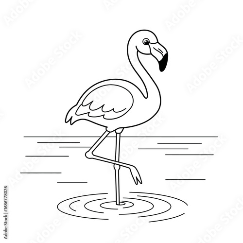 Simple outline drawing of a flamingo standing on one leg in water with ripples