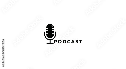 Minimalist black and white podcast logo featuring a retro microphone icon and the word podcast