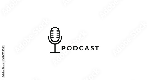 Minimalist line art illustration of a vintage microphone next to the word podcast on a white background