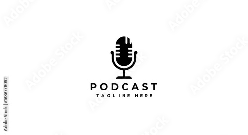 Modern black and white podcast logo featuring a stylized microphone and text for audio recording and broadcasting