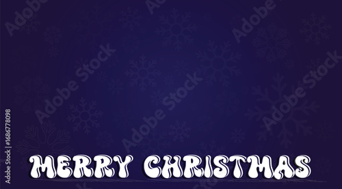 Merry Christmas greeting card with bold white text on dark blue snowflake background