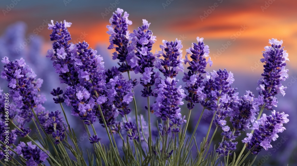 Obraz premium Vibrant Field of Fresh Lavender Flowers Under Colorful Sunset Sky
