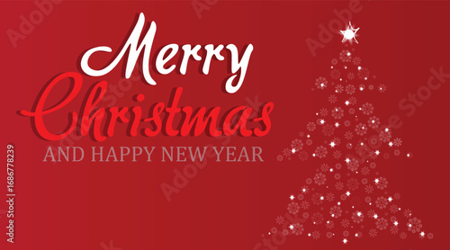 Merry Christmas and Happy New Year greeting card with snowflake tree on red background