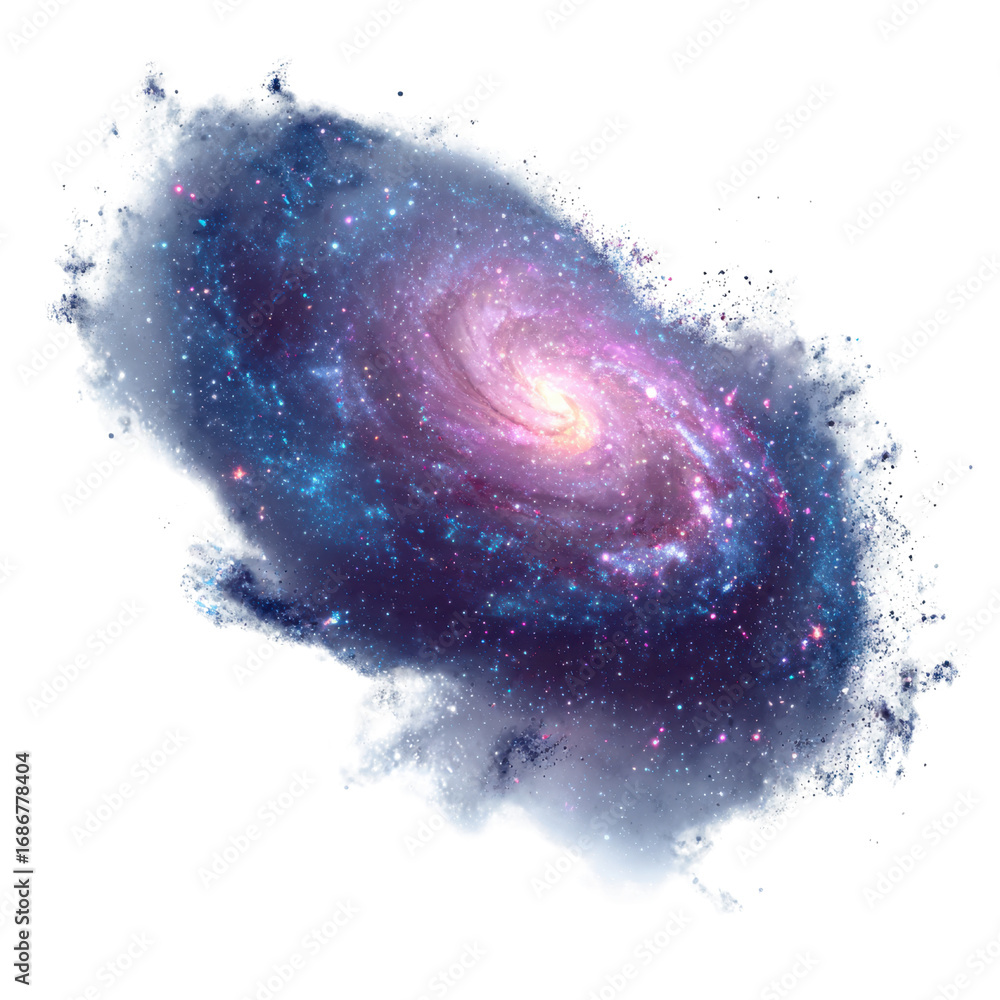 Fototapeta premium Swirling cosmic nebula with bright stars and glowing center galaxy space, Isolated On Png Transparent Background