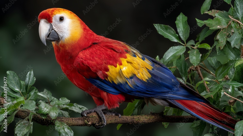 Fototapeta premium Vibrant Tropical Parrot Perched on a Branch Surrounded by Lush Green Leaves Displaying Striking Red Yellow and Blue Feathers