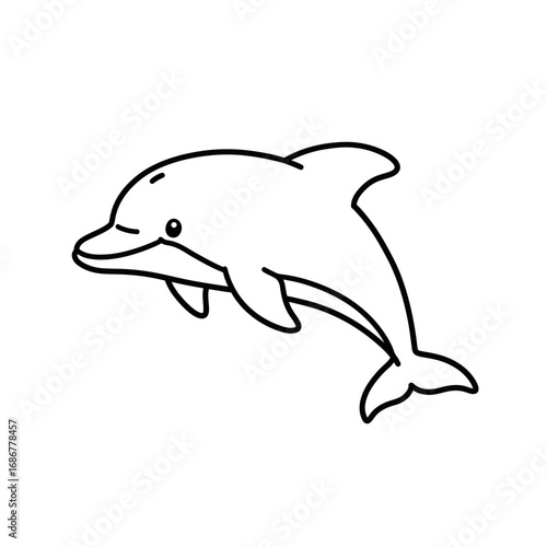 Simple black and white line drawing of a happy cartoon dolphin leaping out of the water