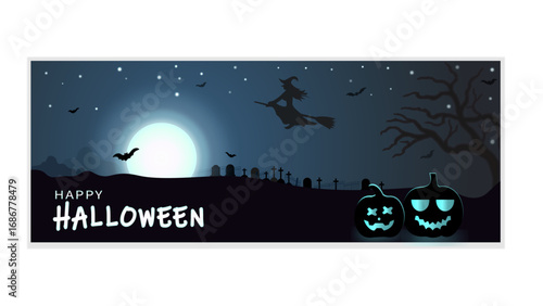 Happy Halloween night banner with witch pumpkins and full moon