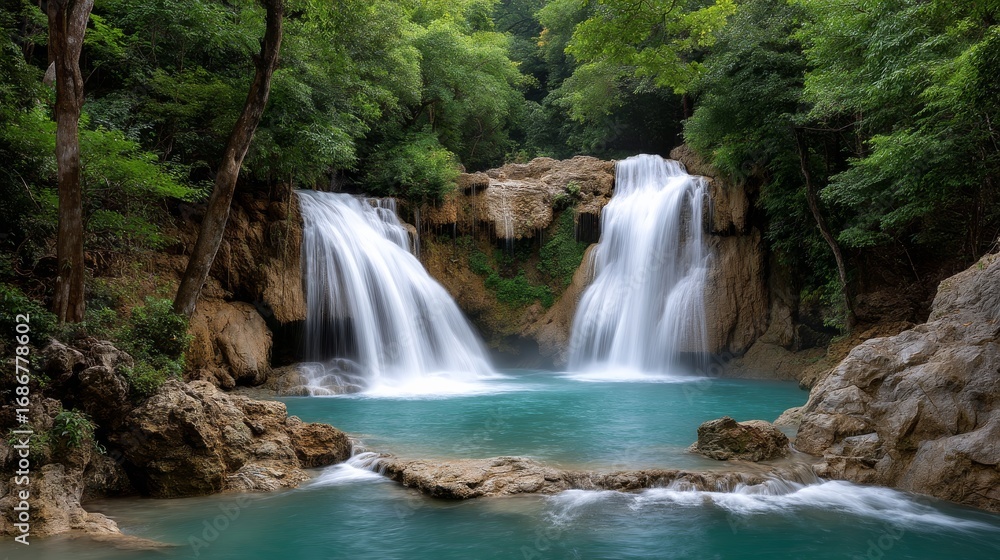 Fototapeta premium Waterfall Flowing Into Turquoise Pool Surrounded By Lush Greenery In Tropical Jungle