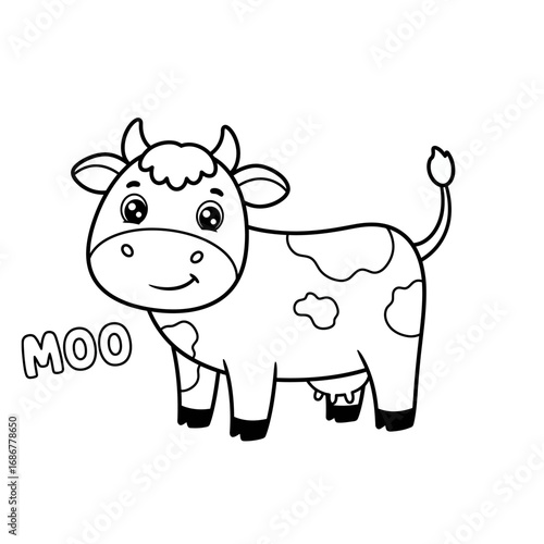 Cute cartoon black and white cow with spots and the word moo for coloring pages