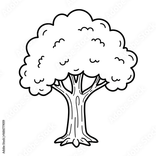 Simple hand drawn black and white illustration of a deciduous tree with a full leafy canopy and strong trunk