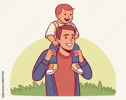 Happy father carrying son on shoulders illustration showing love and family bonding."