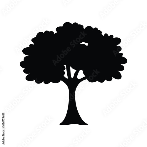 Silhouette of a tree with a full canopy on a white background