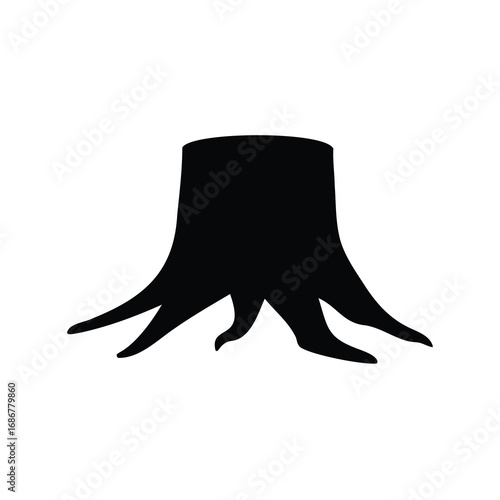Silhouette of a tree stump with roots on a white background
