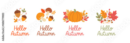 Cozy fall illustrations – pumpkins, colorful foliage, and “Hello Autumn” lettering – versatile design set for greeting cards, décor, and autumn celebrations.