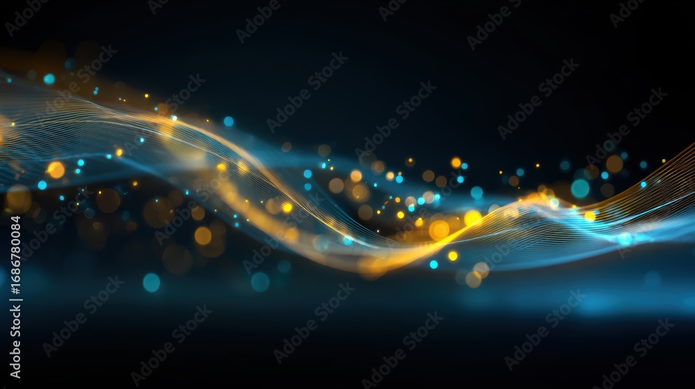 Obraz premium Abstract futuristic background with blue and gold glowing neon moving high speed wave lines and bokeh lights. Visualization of sound waves. Data transfer concept. Fantastic wallpaper.